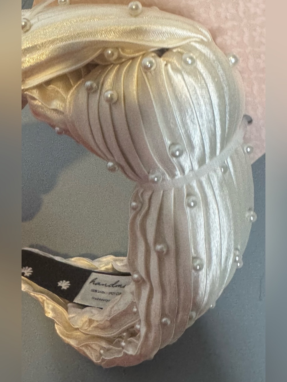 envy Ivory Pearl-Studded Knotted satin Headband luxury padded handmade - Picture 3 of 4